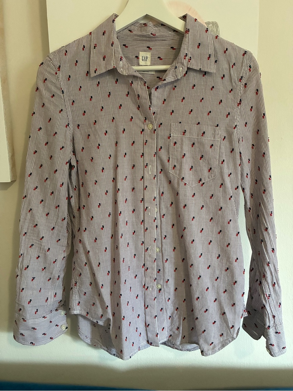 GAP Striped Fitted Boyfriend Shirt with Navy and Red Cherry Motif